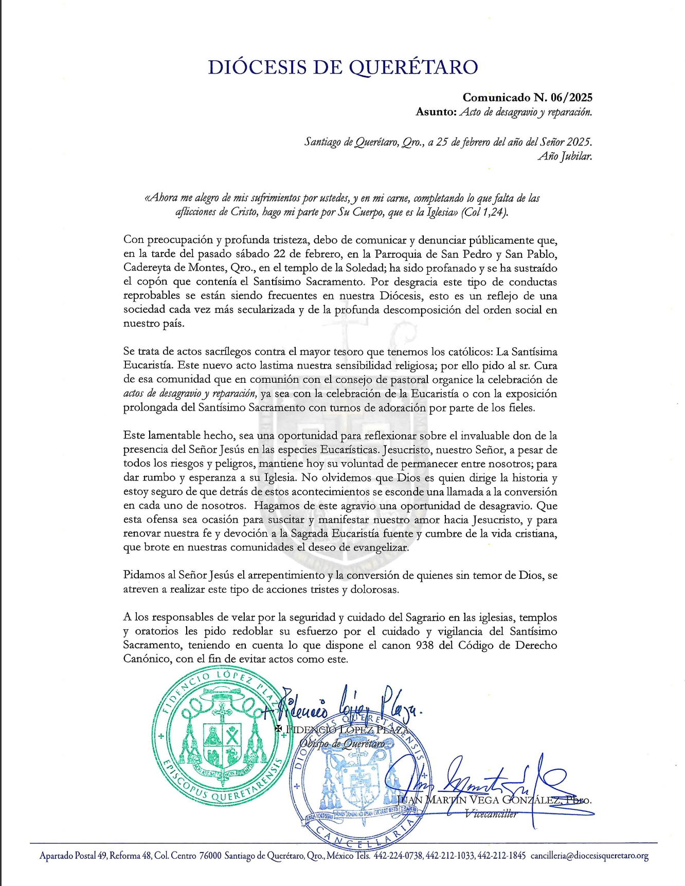 Comunicado N. 06/2025. Asunto: Acto de desagravio y reparación.